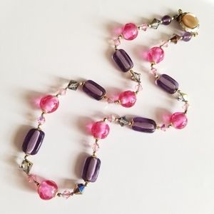 Handmade beaded necklace pink purple aurora borealis crystal bead glass
